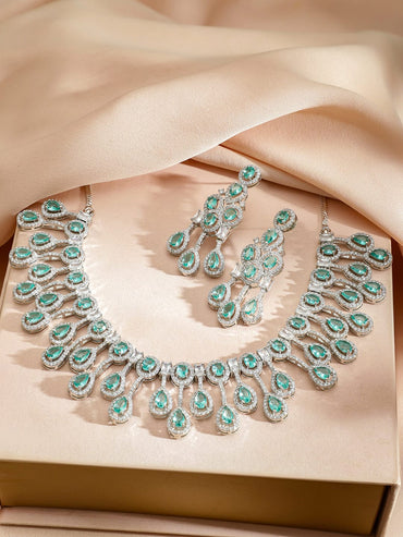 Rubans Rhodium-Plated Mint Aqua Green Stone & Cubic Zirconia Luxe Statement Necklace Set Jewellery Set