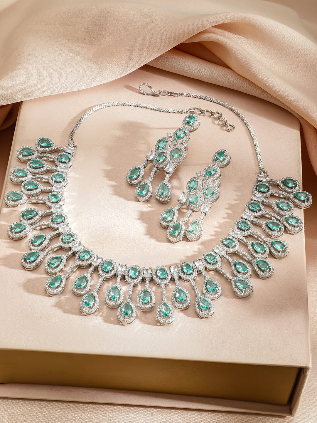 Rubans Rhodium-Plated Mint Aqua Green Stone & Cubic Zirconia Luxe Statement Necklace Set Jewellery Set