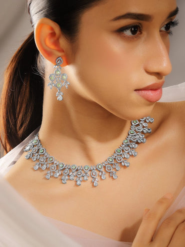 Rubans Rhodium-Plated Mint Green & AAA Cubic Zirconia Studded Premium Necklace Set for Women Jewellery Set