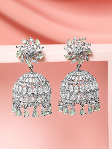 Rubans Rhodium-Plated Mint Green AD Drop Beaded & Cubic Zirconia Studded Floral Jhumka Earrings Earrings