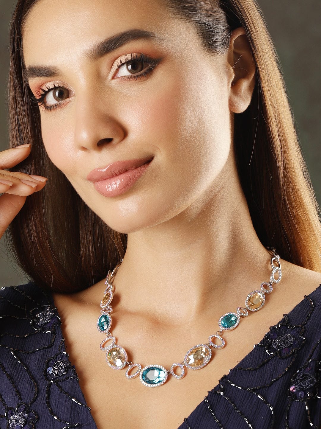 Rubans Rhodium-Plated Multi-Color Rhinestones Embellished Necklace Necklace and Chains