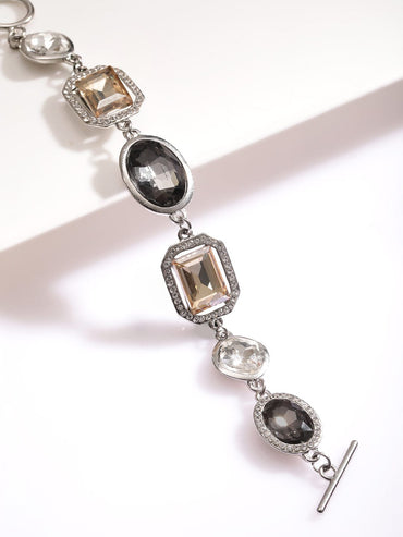 Rubans Rhodium Plated Multi-Colored Cubic Zirconia Studded Gemstone Bracelet Wristwear