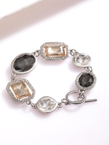 Rubans Rhodium Plated Multi-Colored Cubic Zirconia Studded Gemstone Bracelet Wristwear