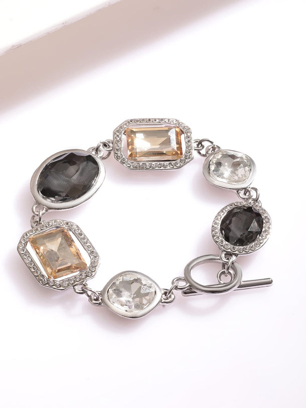 Rubans Rhodium Plated Multi-Colored Cubic Zirconia Studded Gemstone Bracelet Wristwear