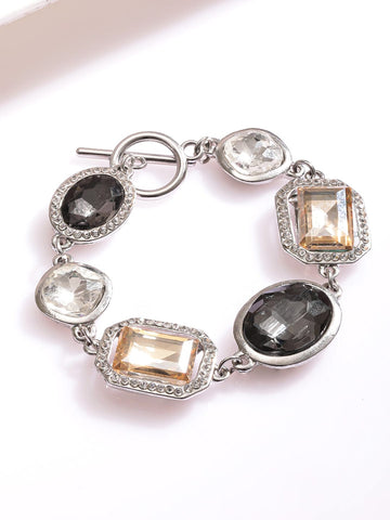 Rubans Rhodium Plated Multi-Colored Cubic Zirconia Studded Gemstone Bracelet Wristwear