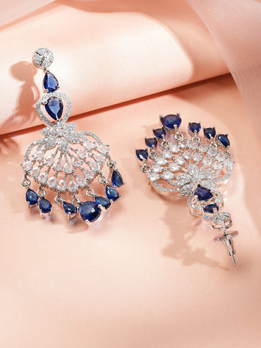 Rubans Rhodium-Plated Multi-Layer Blue Sapphire & Cubic Zirconia Luxury Statement Chandelier Necklace Set Jewellery Set