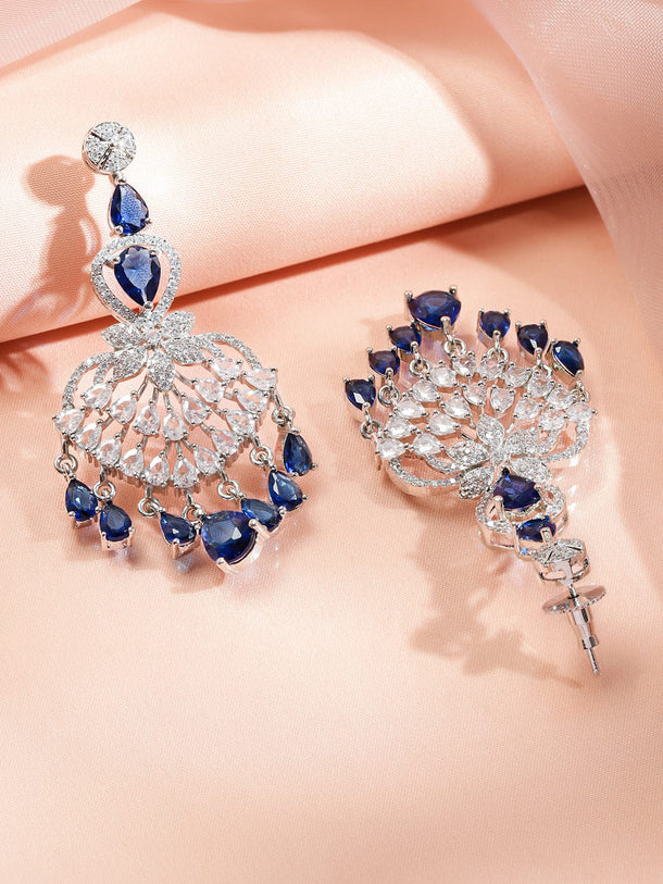 Rubans Rhodium-Plated Multi-Layer Blue Sapphire & Cubic Zirconia Luxury Statement Chandelier Necklace Set Jewellery Set