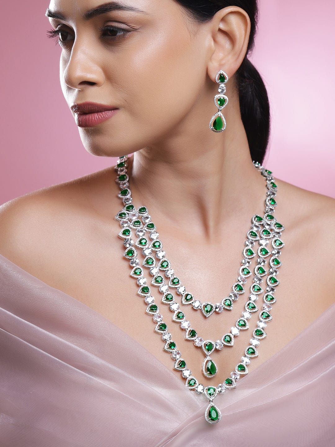 Rubans Rhodium-Plated Multi-Layer Emerald Green & Cubic Zirconia Studded Statement Necklace Set Jewellery Set