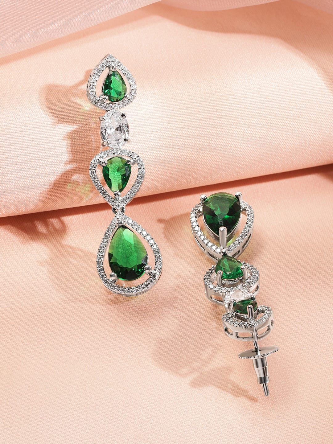 Rubans Rhodium-Plated Multi-Layer Emerald Green & Cubic Zirconia Studded Statement Necklace Set Jewellery Set