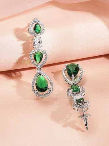 Rubans Rhodium-Plated Multi-Layer Emerald Green & Cubic Zirconia Studded Statement Necklace Set Jewellery Set