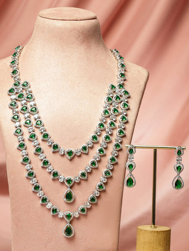 Rubans Rhodium-Plated Multi-Layer Emerald Green & Cubic Zirconia Studded Statement Necklace Set Jewellery Set