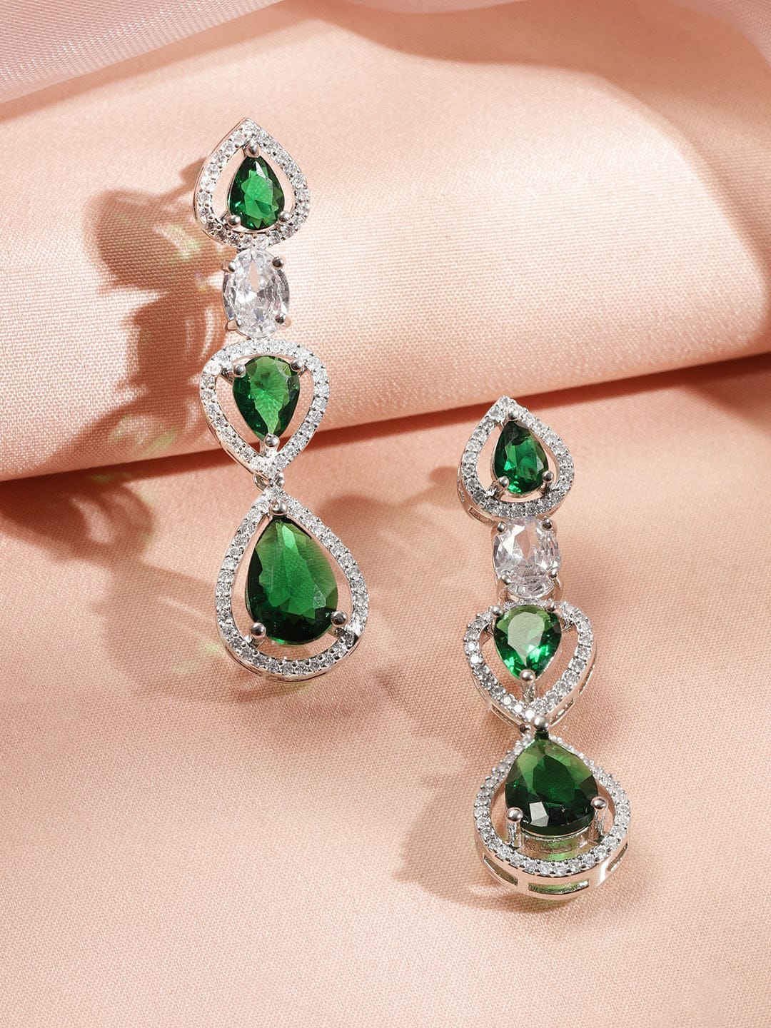 Rubans Rhodium-Plated Multi-Layer Emerald Green & Cubic Zirconia Studded Statement Necklace Set Jewellery Set