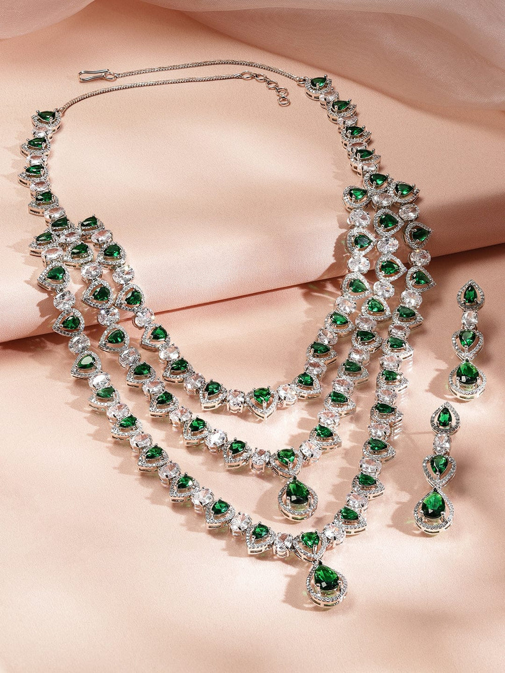 Rubans Rhodium-Plated Multi-Layer Emerald Green & Cubic Zirconia Studded Statement Necklace Set Jewellery Set