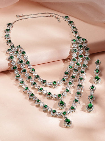 Rubans Rhodium-Plated Multi-Layer Emerald Green & Cubic Zirconia Studded Statement Necklace Set Jewellery Set