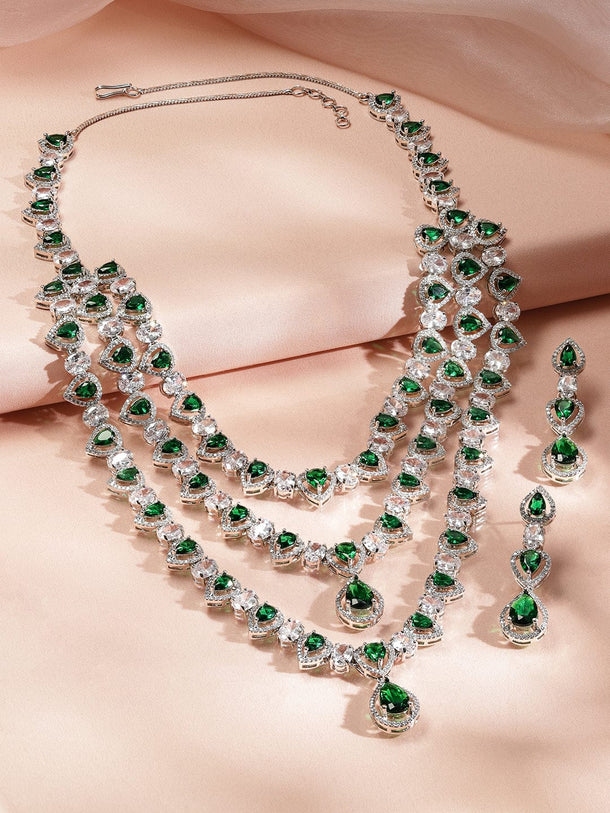 Rubans Rhodium-Plated Multi-Layer Emerald Green & Cubic Zirconia Studded Statement Necklace Set Jewellery Set