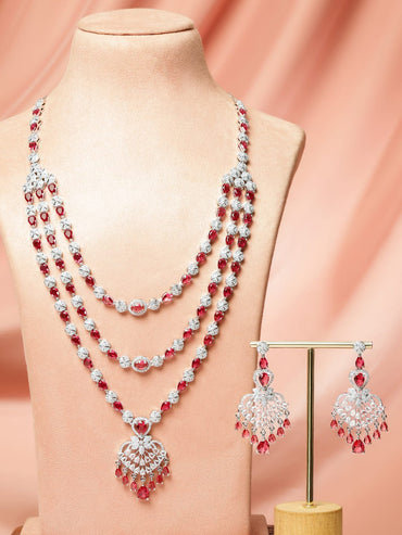 Rubans Rhodium-Plated Multi-Layer Ruby Red & Cubic Zirconia Chandelier Luxe Statement Necklace Set Jewellery Set