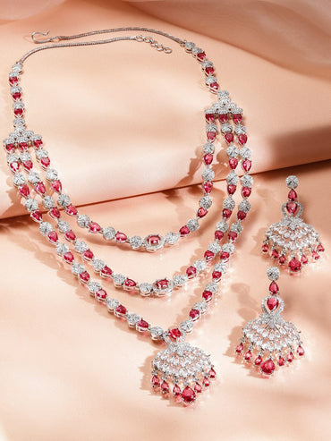Rubans Rhodium-Plated Multi-Layer Ruby Red & Cubic Zirconia Chandelier Luxe Statement Necklace Set Jewellery Set