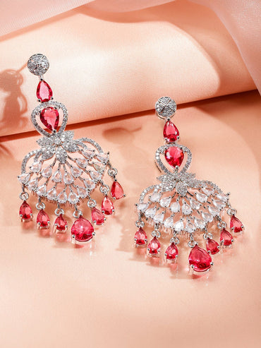 Rubans Rhodium-Plated Multi-Layer Ruby Red & Cubic Zirconia Chandelier Luxe Statement Necklace Set Jewellery Set