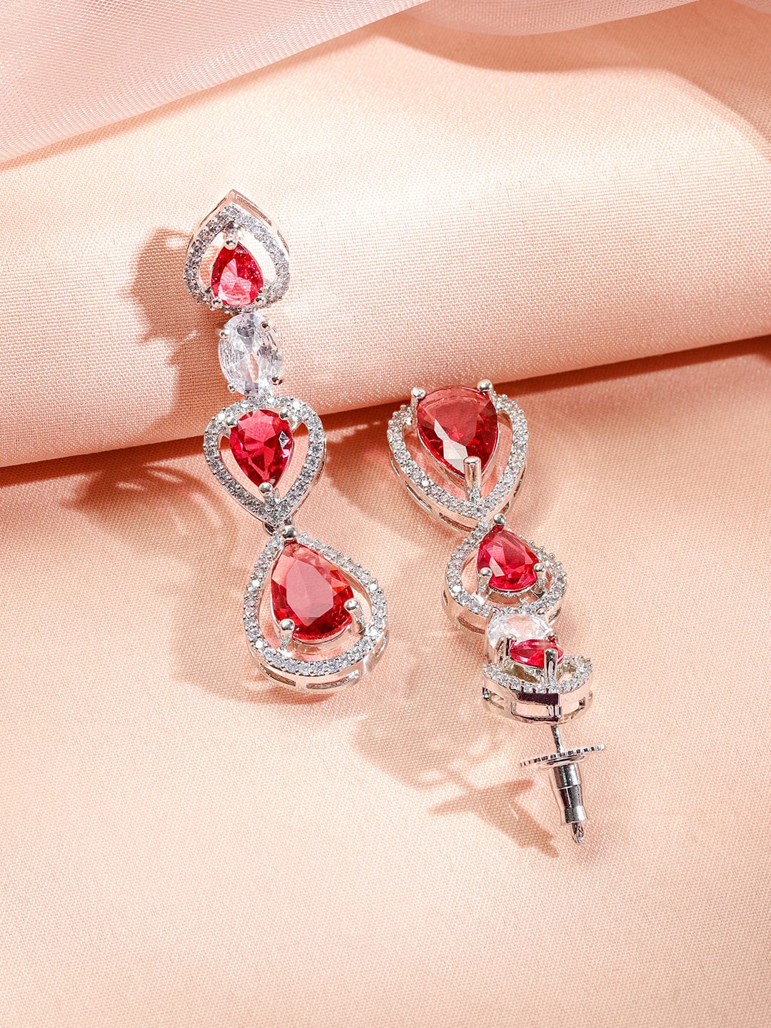 Rubans Rhodium-Plated Multi-Layer Ruby Red & Cubic Zirconia Studded Luxe Statement Necklace Set Jewellery Set