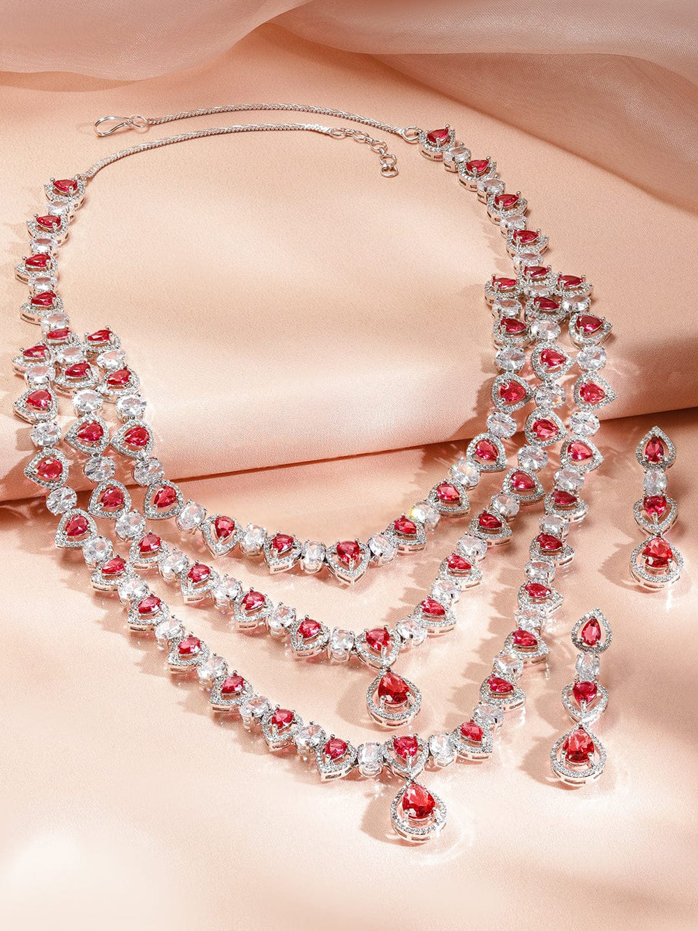 Rubans Rhodium-Plated Multi-Layer Ruby Red & Cubic Zirconia Studded Luxe Statement Necklace Set Jewellery Set
