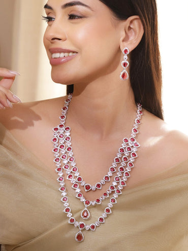 Rubans Rhodium-Plated Multi-Layer Ruby Red & Cubic Zirconia Studded Luxe Statement Necklace Set Jewellery Set