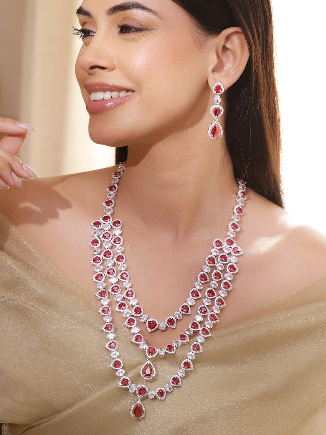 Rubans Rhodium-Plated Multi-Layer Ruby Red & Cubic Zirconia Studded Luxe Statement Necklace Set Necklace Set