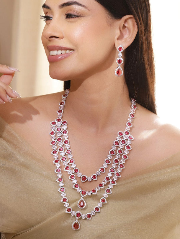 Rubans Rhodium-Plated Multi-Layer Ruby Red & Cubic Zirconia Studded Luxe Statement Necklace Set Necklace Set