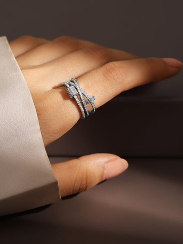 Rubans Rhodium-Plated Multi-Layered Cubic Zirconia Studded Openable Adjustable Ring Finger Ring