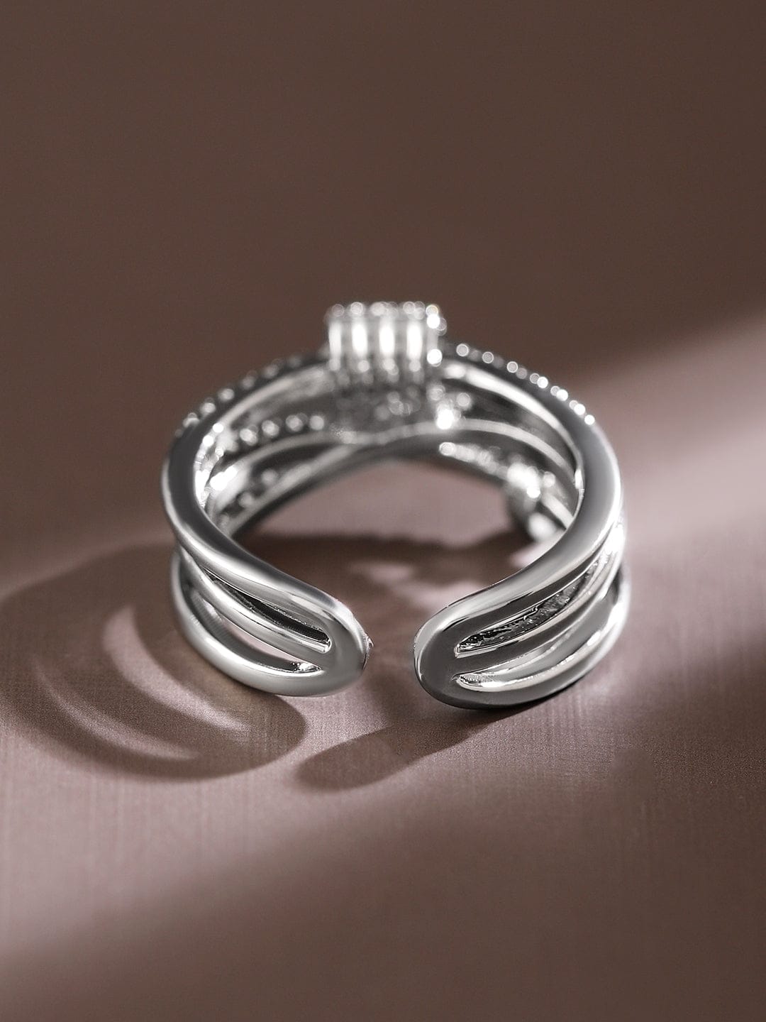 Rubans Rhodium-Plated Multi-Layered Cubic Zirconia Studded Openable Adjustable Ring Rings