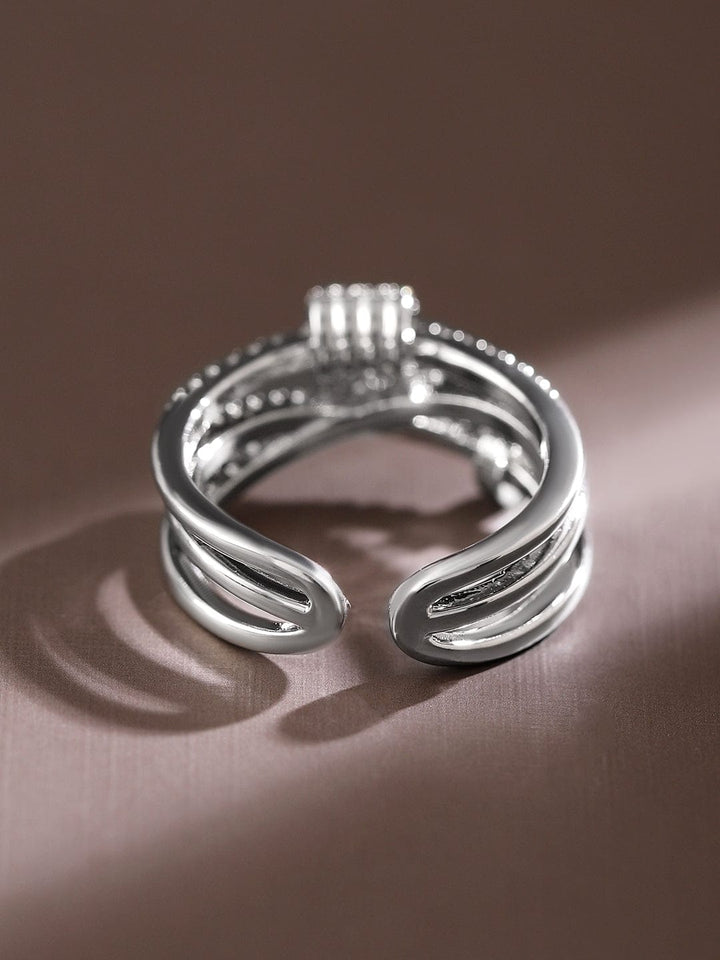 Rubans Rhodium-Plated Multi-Layered Cubic Zirconia Studded Openable Adjustable Ring Rings