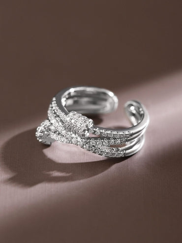 Rubans Rhodium-Plated Multi-Layered Cubic Zirconia Studded Openable Adjustable Ring Rings