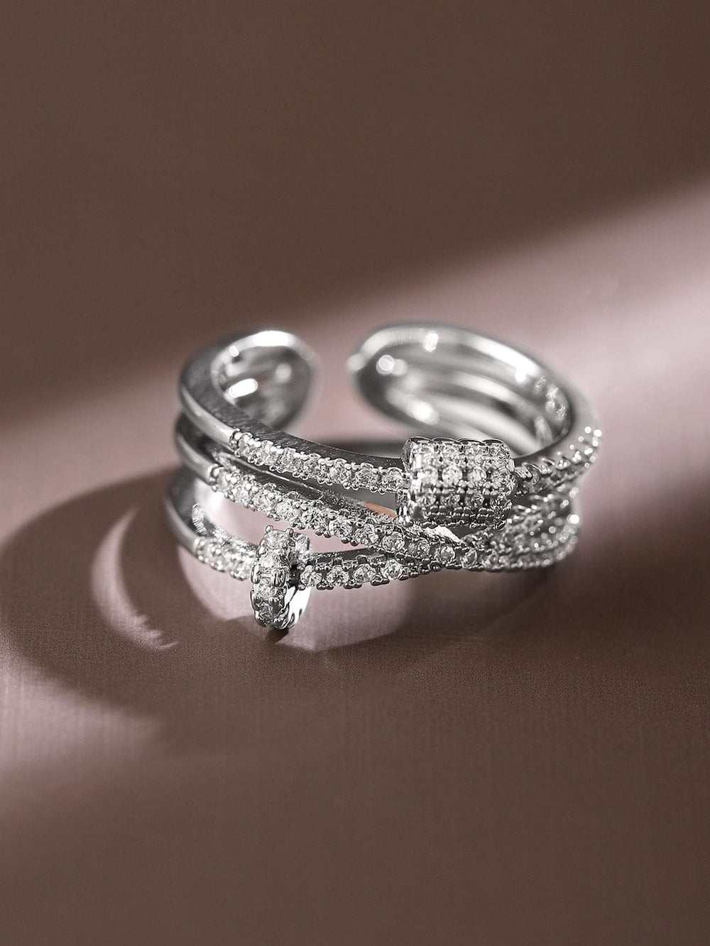 Rubans Rhodium-Plated Multi-Layered Cubic Zirconia Studded Openable Adjustable Ring Rings