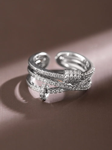 Rubans Rhodium-Plated Multi-Layered Cubic Zirconia Studded Openable Adjustable Ring Rings