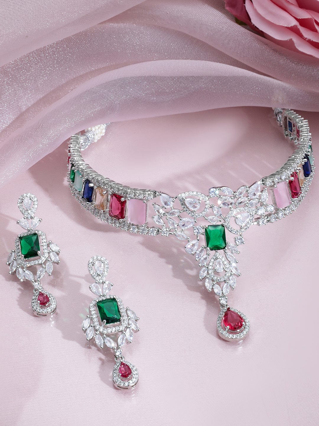 Rubans Rhodium-Plated Multicolor Gemstone & Cubic Zirconia Studded Choker Necklace Set Necklace Set