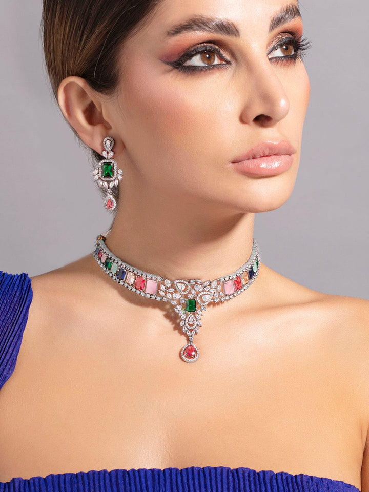 Rubans Rhodium-Plated Multicolor Gemstone & Cubic Zirconia Studded Choker Necklace Set Necklace Set