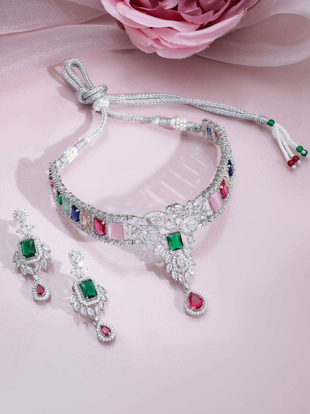 Rubans Rhodium-Plated Multicolor Gemstone & Cubic Zirconia Studded Choker Necklace Set Necklace Set