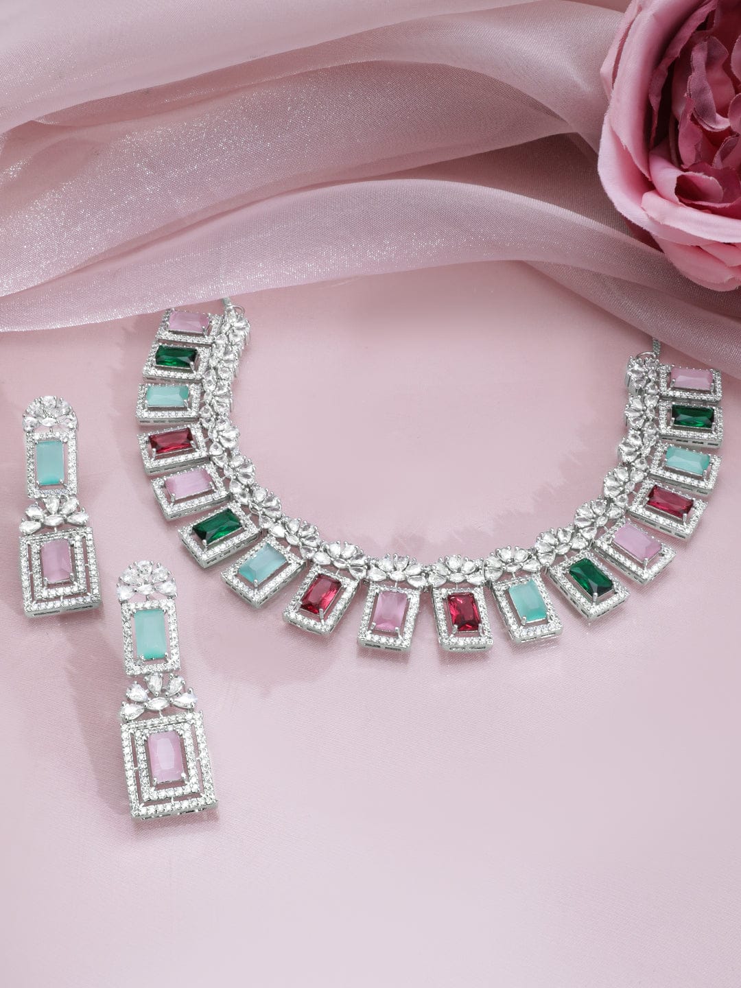 Rubans Rhodium-Plated Multicolor Gemstone & Cubic Zirconia Studded Statement Jewellery Set Jewellery Set
