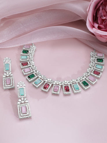 Rubans Rhodium-Plated Multicolor Gemstone & Cubic Zirconia Studded Statement Jewellery Set Jewellery Set