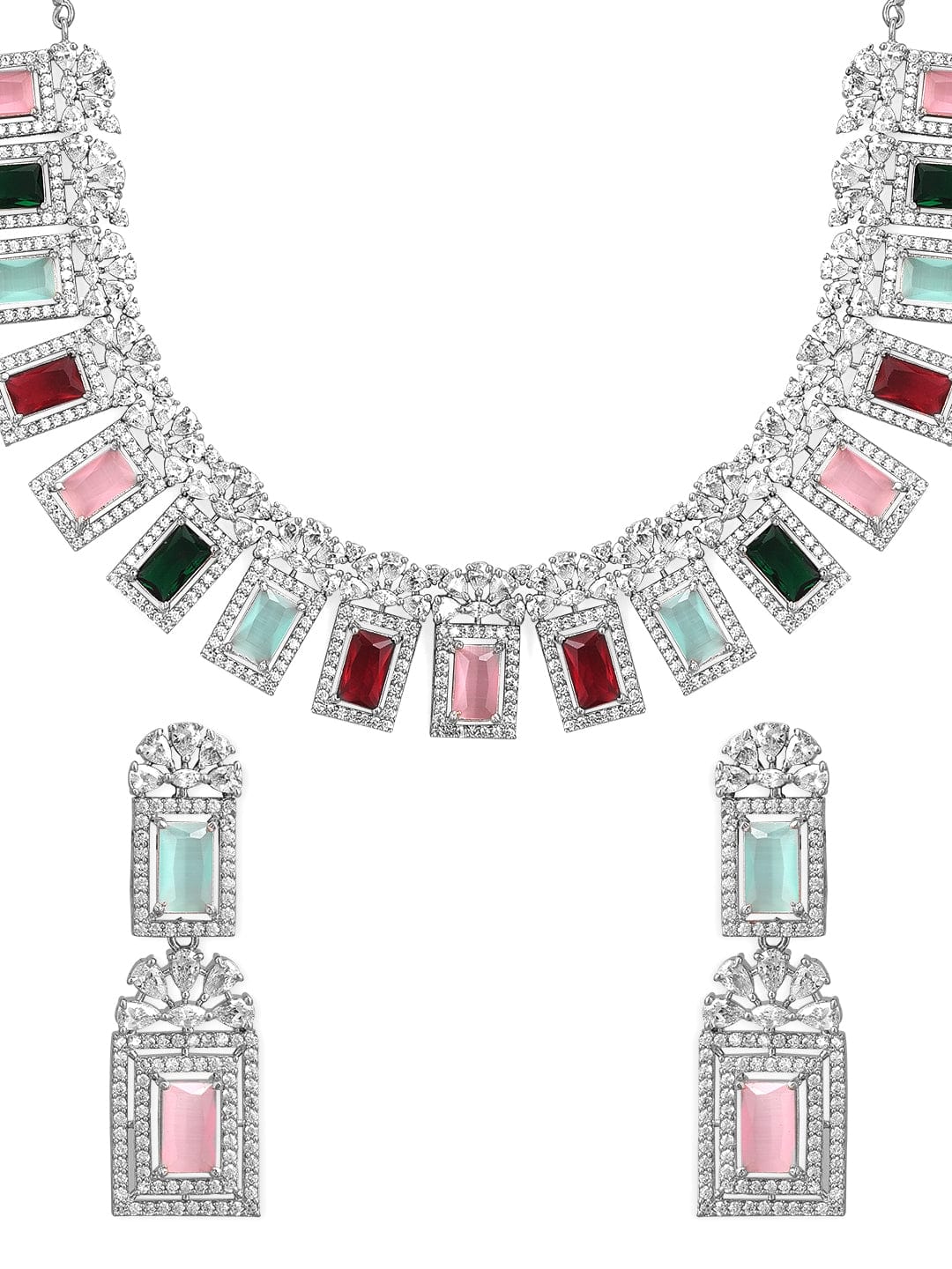 Rubans Rhodium-Plated Multicolor Gemstone & Cubic Zirconia Studded Statement Jewellery Set Jewellery Set