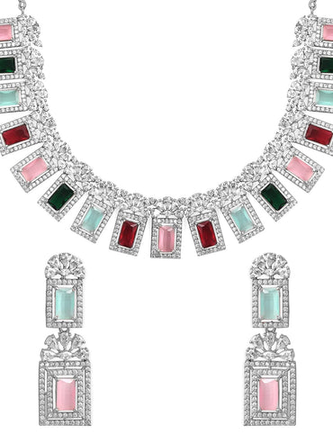 Rubans Rhodium-Plated Multicolor Gemstone & Cubic Zirconia Studded Statement Jewellery Set Jewellery Set
