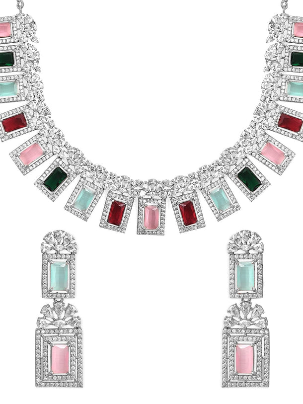 Rubans Rhodium-Plated Multicolor Gemstone & Cubic Zirconia Studded Statement Jewellery Set Jewellery Set