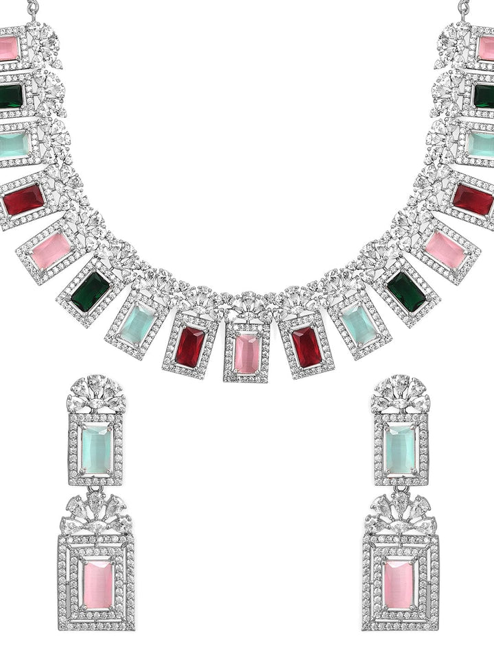 Rubans Rhodium-Plated Multicolor Gemstone & Cubic Zirconia Studded Statement Jewellery Set Jewellery Set