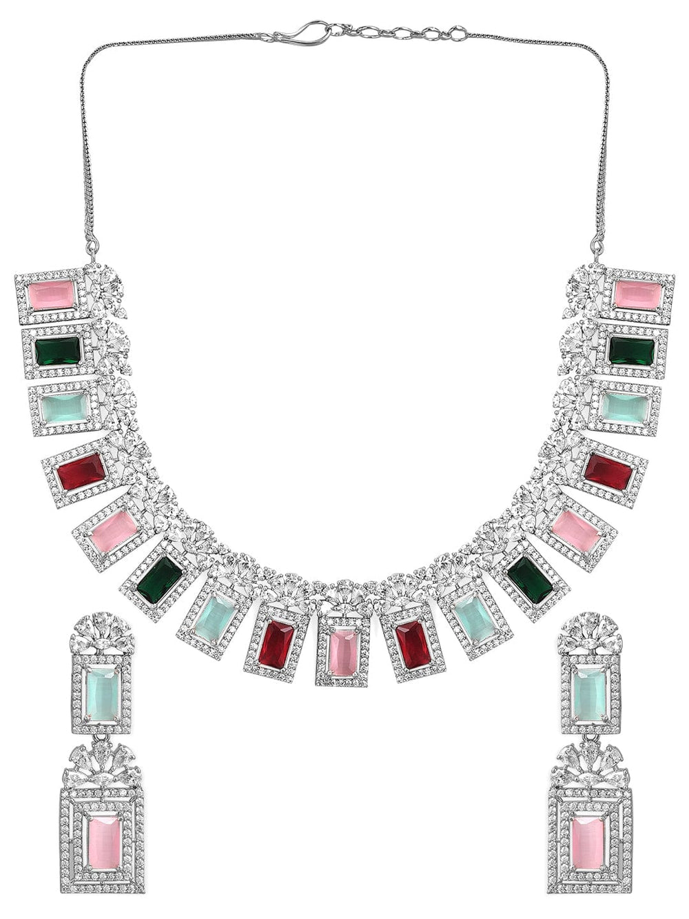 Rubans Rhodium-Plated Multicolor Gemstone & Cubic Zirconia Studded Statement Jewellery Set Jewellery Set