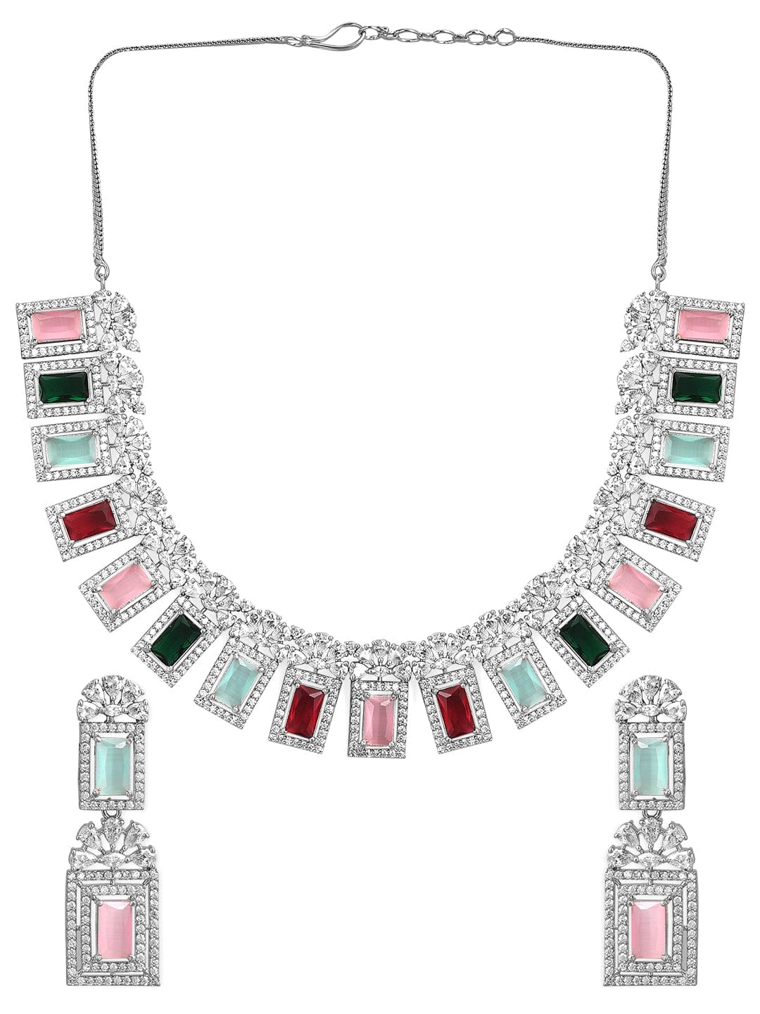 Rubans Rhodium-Plated Multicolor Gemstone & Cubic Zirconia Studded Statement Jewellery Set Jewellery Set