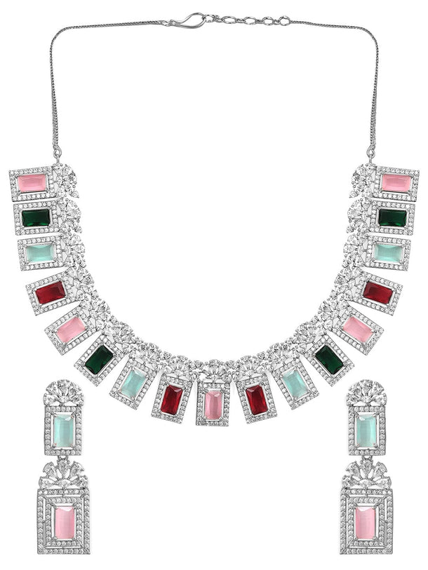 Rubans Rhodium-Plated Multicolor Gemstone & Cubic Zirconia Studded Statement Jewellery Set Jewellery Set