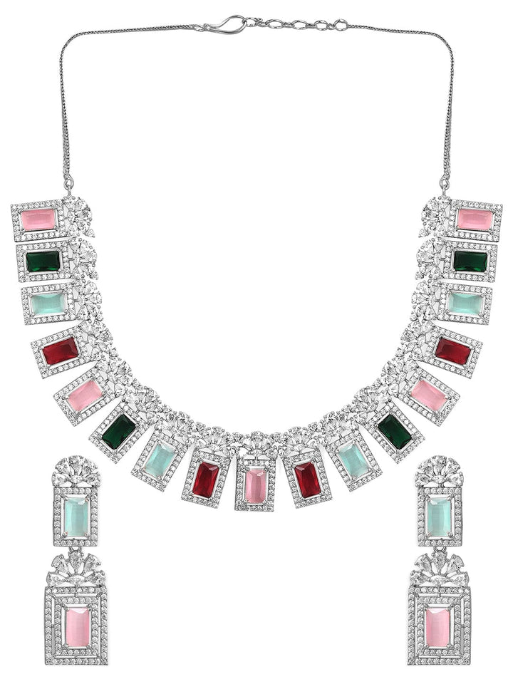 Rubans Rhodium-Plated Multicolor Gemstone & Cubic Zirconia Studded Statement Jewellery Set Jewellery Set