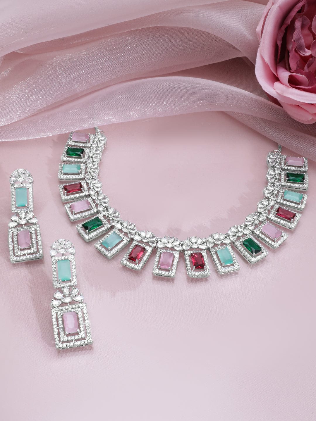 Rubans Rhodium-Plated Multicolor Gemstone & Cubic Zirconia Studded Statement Jewellery Set Necklace Set