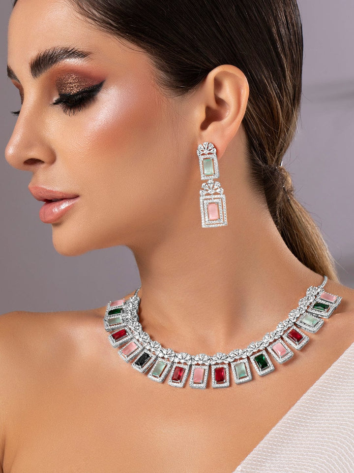 Rubans Rhodium-Plated Multicolor Gemstone & Cubic Zirconia Studded Statement Jewellery Set Necklace Set