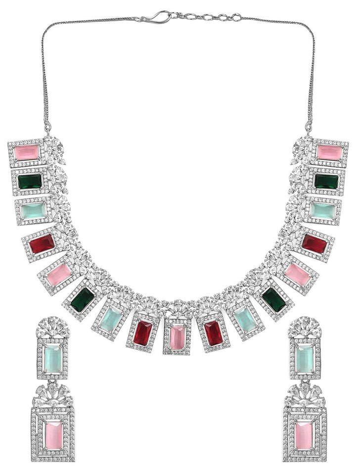 Rubans Rhodium-Plated Multicolor Gemstone & Cubic Zirconia Studded Statement Jewellery Set Necklace Set