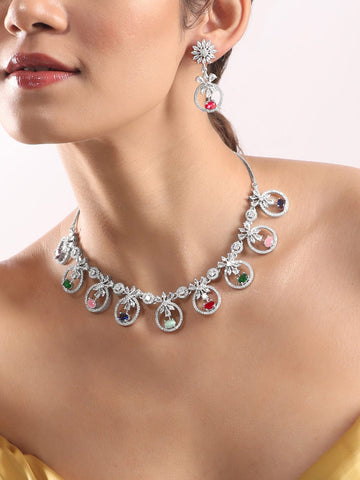 Rubans Rhodium Plated Multicolor Party Wear Necklace Set Necklace Set